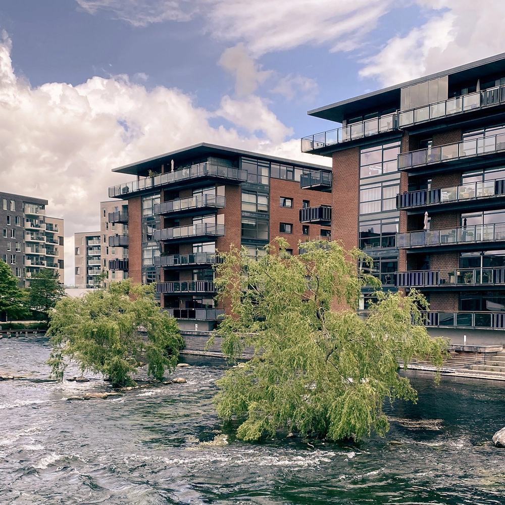 Silkeborg city by the river, with apartment buildings